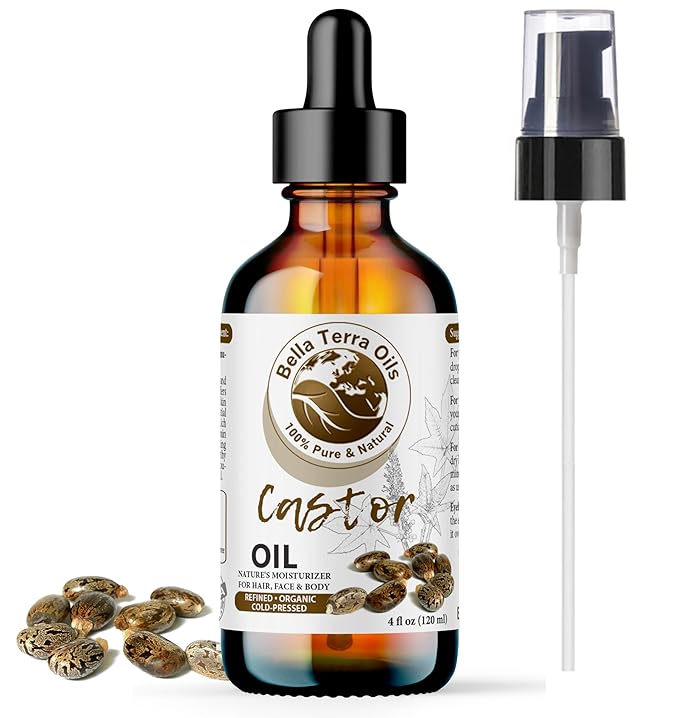 Bella Terra Oils - Organic Castor Oil 4oz Glass Bottle - Luxuriate with Cold-Pressed Organic Castor Goodness, Overflowing with Palmitic Acid, Perfect Skin Partner