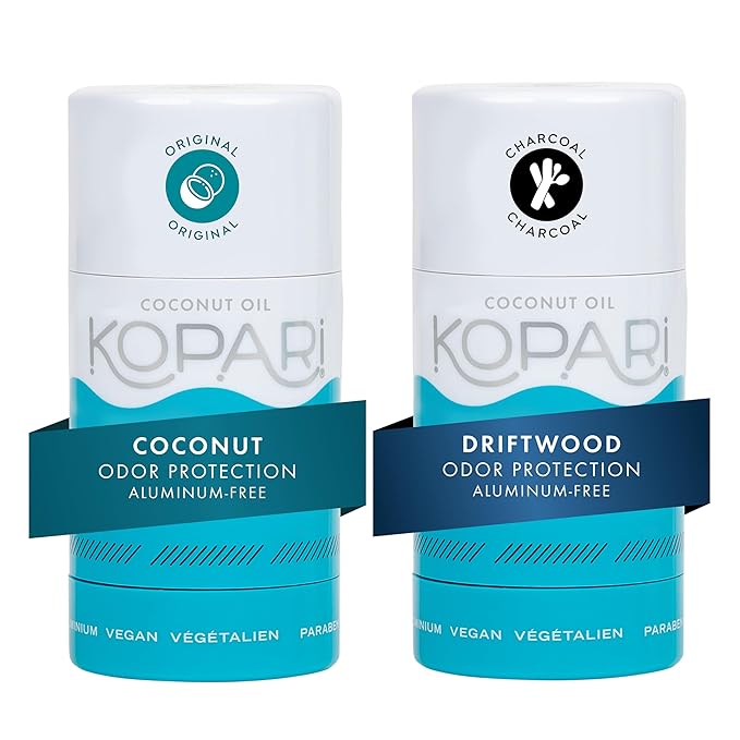 Kopari Aluminum Free Coconut Deodorant, Non Toxic & Clean Plant-Based, No Parabens or Baking Soda, Long Lasting Protection, Original & Charcoal 2 Pack