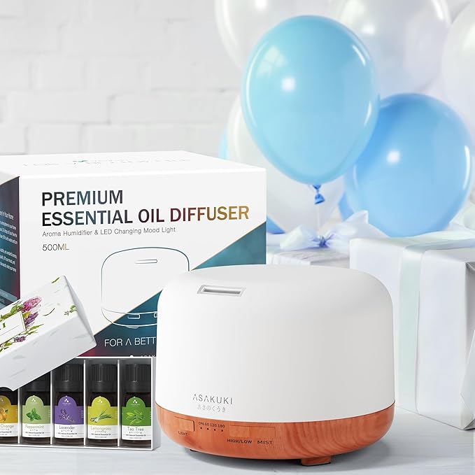 ASAKUKI Oil Diffuser with Essential Oils Set, 500ml Aromatherapy Humidifier with 14 LED Colors & Auto Shut-Off - 6 Oil Gift Pack(Lavender Eucalyptus Tea Tree Orange Peppermint Lemongrass)