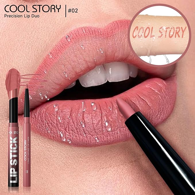 COOL STORY 2 Piece Lip Liner and Lipstick Set, Long Lasting Formula, Professional Makeup Kit (02)