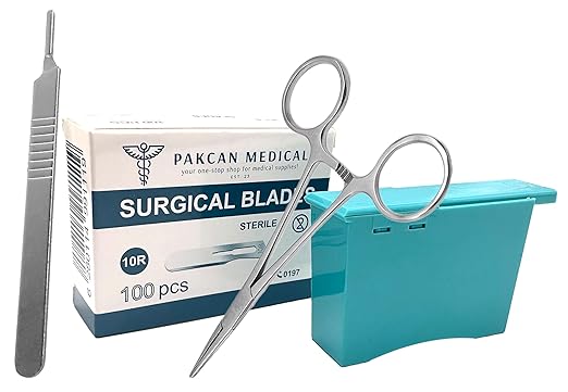 10R Dermaplaning Professional Kit Includes:10R Dermaplaning Scalpel Blades (100 Pack), Scalpel Handle No. 3, Scalpel Blade Remover, Hemostat Forceps