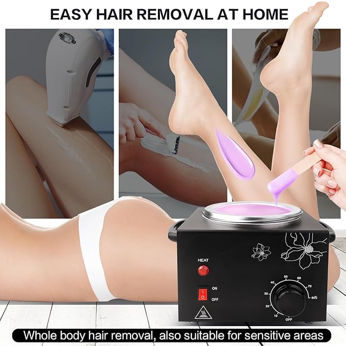 Portable Wax Warmer Machine for Painless Hair Removal, Women Men Professional Wax Heater with Adjustable Temperature Set, 20pcs Sticks, 1 Silicone Bowl (Black- Single Pot)