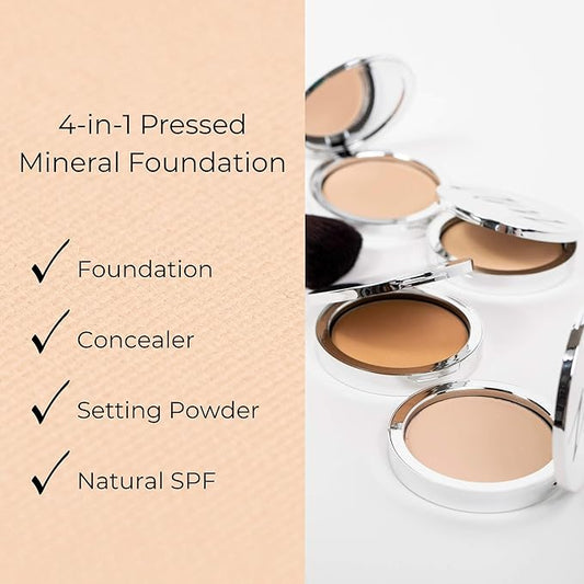 4-in-1 Pressed Foundation Powder with Natural SPF, Concealer & Finishing for Medium to Full Coverage Foundation, Mineral-Based (Angelina, .35 oz)