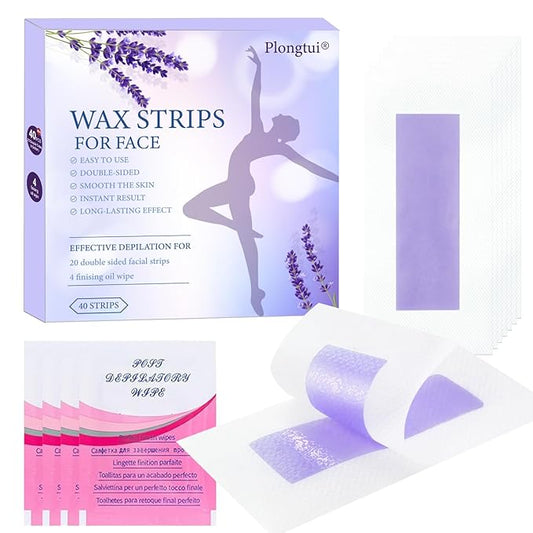 Facial Wax Strips for Hair Removal: Fast Working and Gentle for Face, Eyebrow, Upper Lip, Chin - Waxing Strips Kit for Women - At Home Waxing Kit with 40 Face Wax Strips + 4 Calming Oil Wipes