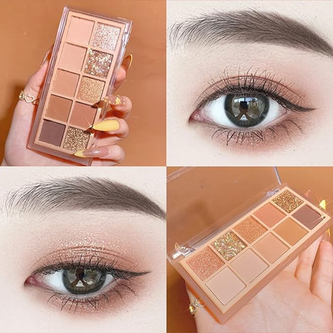 Erinde 10 Colors Eyeshadow Palette Makeup - Matte Shimmer Glitter Gold Brown Eye Shadow Korean Makeup, Ultra-Blendable, High Pigmented, Natural-Looking, Neutral Eyeshadow Palette with Brush, Sunset