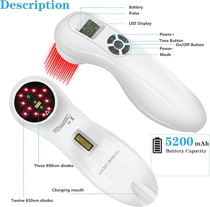 Powerful Cold Red Light Device for Body, Near Infrared Light for Joint Muscle with LED Display- Multi-Speed Regulation with Pulse Function(650nm+808nm)-White