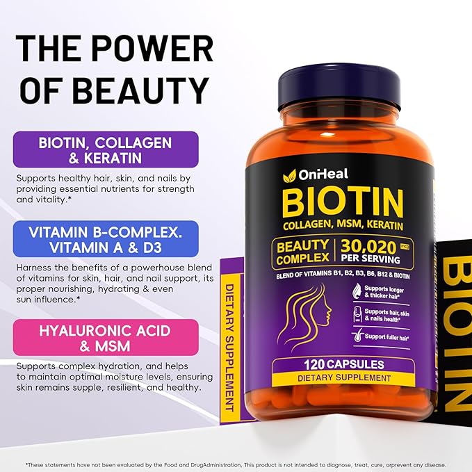 Biotin, Collagen, Hyaluronic Acid and Keratin Complex OnHeal Hair Regrowth Vitamin 30020mg - 120 Capsules for Thick Hair, Moisturized Skin, Strong Nails