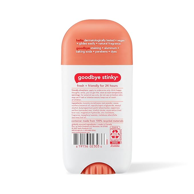 Hello Peach Aluminum Free Deodorant for Women + Men, Natural Fragrance, Dermatologically tested, Baking Soda Free, Parabens Free, Dye Free, 24 Hour Odor Protection, (Pack of 2)