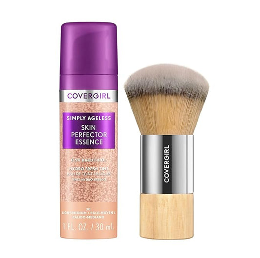 Covergirl Simply Ageless Skin Perfector Essence Foundation 30 Light-Medium, Blending Foundation Brush, Skincare Makeup Hybrid with Bakuchiol