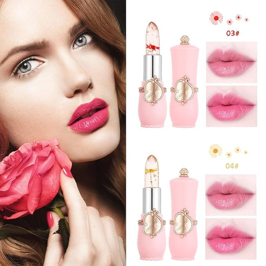 2 Pack Crystal Jelly Flower Lipstick,Magic Temperature Color Change Lip Gloss Lip Stick PH Clear Magic Lipstick Long Lasting Nutritious Moisturizing Lip Balm（Set B）