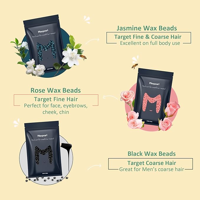 Maxpearl Hard Wax Beads, Pack of 3 Hair Removal Wax Beans Refill - Brazilian Waxing, Face, Eyebrows, Underarms, Bikini, Arms, Chest, Back, Legs, 10.5oz (Green/Pink/Black)