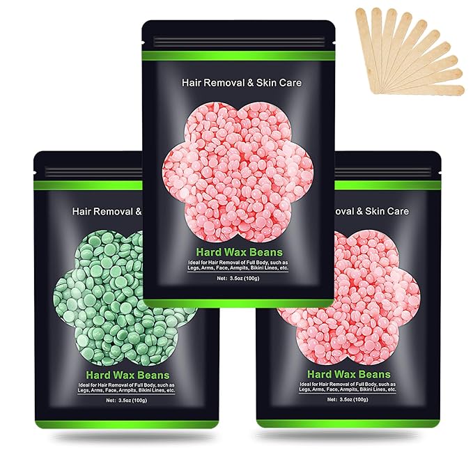Wax Beads for Hair Removal 10.5oz (300g), Auperwel Hard Wax Beads Beans for Sensitive Skin Brazilian Waxing, Face, Bikini, Eyebrow, Legs, Painless for Women Men, 3 packs Kit with 10 Sticks
