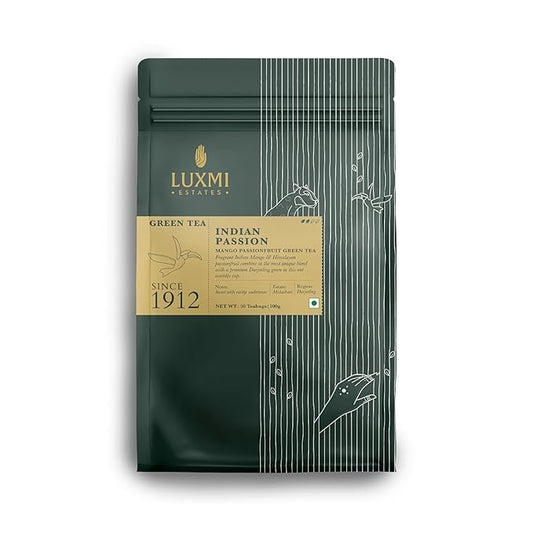 Luxmi Estates Indian Passion Organic Mango Passion Fruit Green Tea (50 Tea Bags) Mildly Caffeinated Tea Bags For Detox, Cleansing, and Digestion, With Certified Organic Darjeeling Makaibari Green Tea