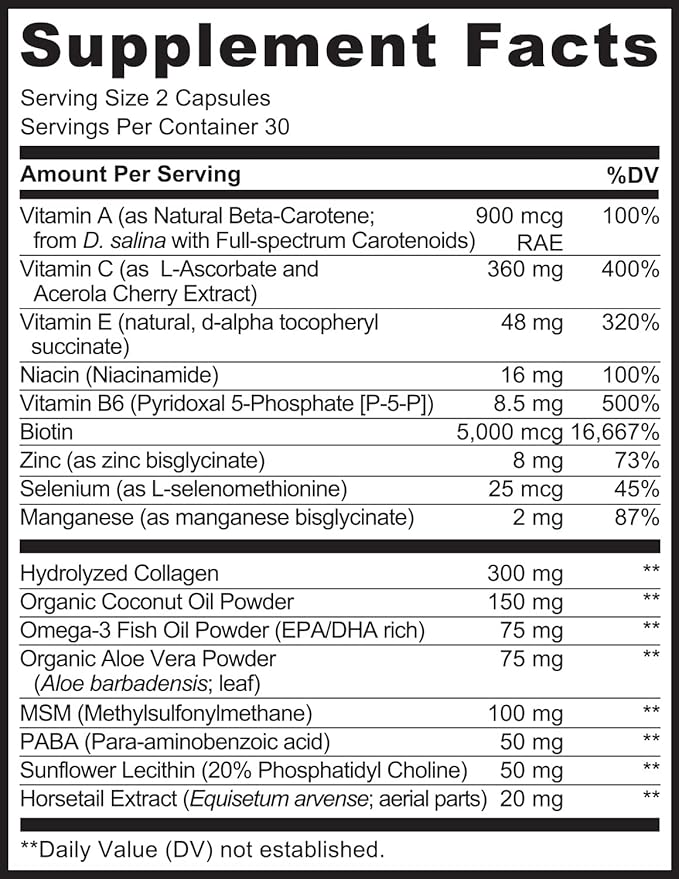 NATURELO Hair, Skin and Nails Multivitamin - 5000 mcg Biotin, Collagen, Natural Vitamin E - Supplement for Healthy Skin, Hair Growth for Women and Men – 60 Capsules