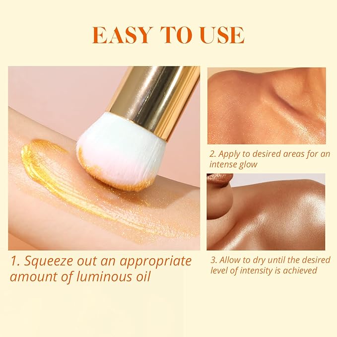 Liyalan Shimmer Body Oil Rose Gold Color 1.0 fl.oz Face Glow Pearl Highlighter Illuminator Long-Lasting Shine Glitter Liquid Tanning with Makeup Brush