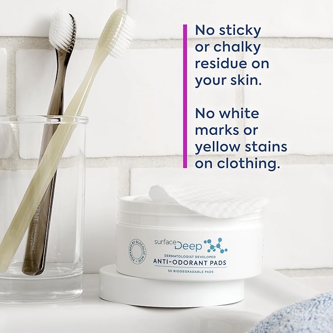 Surface Deep Anti-Odorant Pads – Deodorant Odor Prevention & Skin Care in One | 50 Pads in Jar | Dermatologist-Developed | Glycolic Acid Exfoliation | Aluminum-Free, Vegan & Cruelty-Free