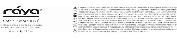 Raya Camphor Soufflé Facial Cleanser 8 oz (101) | pH Balanced Face Wash for Oily, Blemished, and Break-Out Skin | Helps Reduce White-Heads and Black-Heads and Clear Clogged Pores