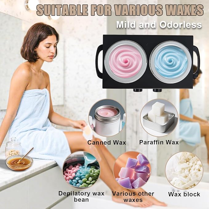 Wax Warmer Double Pot, Professional Electric Heater for Facial, Body, Spa, and Salon, 1.2L Dual Adjustable Temperature with 100 Wooden Craft Sticks, Hair Removal (Black)
