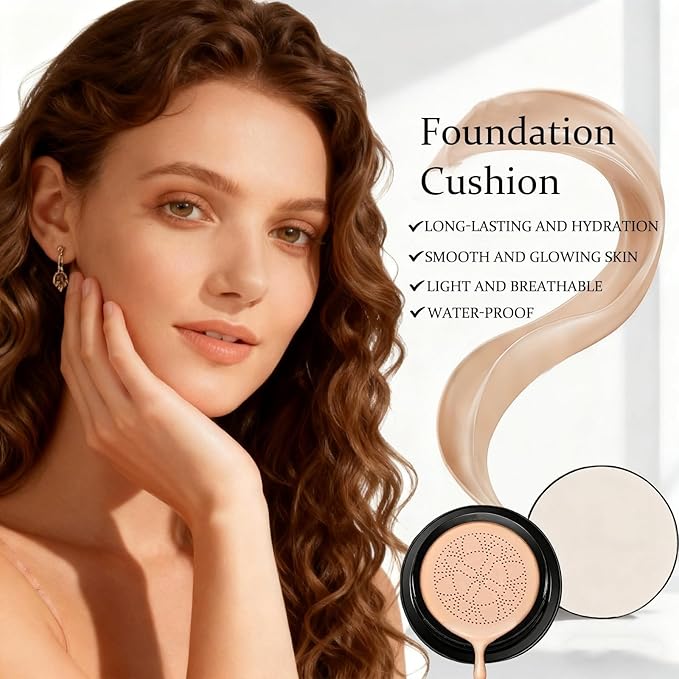 VerveFields，Foundation Cushion Concealer,Mushroom Head Air Cushion Cream, BB Cream Face Makeup Foundation,Moisturizing Long-Lasting, Even Skin Tone for All Skin Types (Brown)