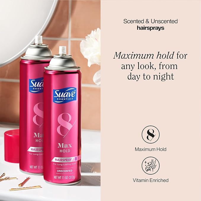 Suave+ Hairspray Max Hold Variety 2-Pack, Unscented & Scented Formulas – Aerosol Hairspray, 11 Oz Ea