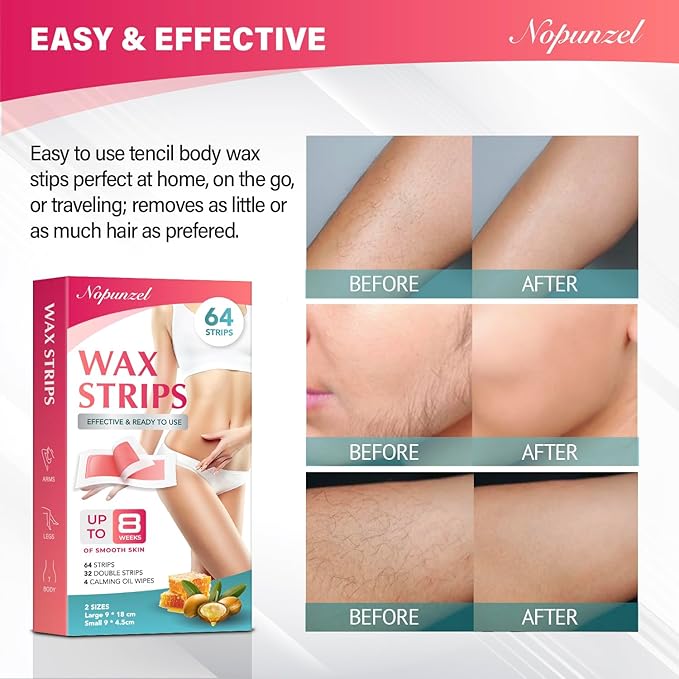 Wax Strips: 64 Waxing Strips - Hair Removal Wax - Brazilian Waxing - Waxing Kit for Women - Body Legs Arms Chest Bikini Back - Wax Kit At Home for Hair Removal - 4 Calming Oil Wipes - 2 sizes