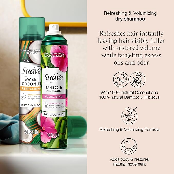 Suave Dry Shampoo Spray Variety 2-Pack – Volumizing Bamboo & Hibiscus, Refreshing Sweet Coconut, 4.3 Oz Ea