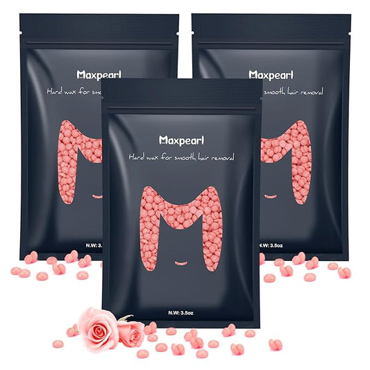 Maxpearl Hard Wax Beads, Pack of 3 Hair Removal Wax Beans Refill - Gentle Rose Formula for Senstive Skin, Brazilian Waxing, Face, Eyebrows, Underarms, Bikini, Legs and More, 10.5oz (Pink)
