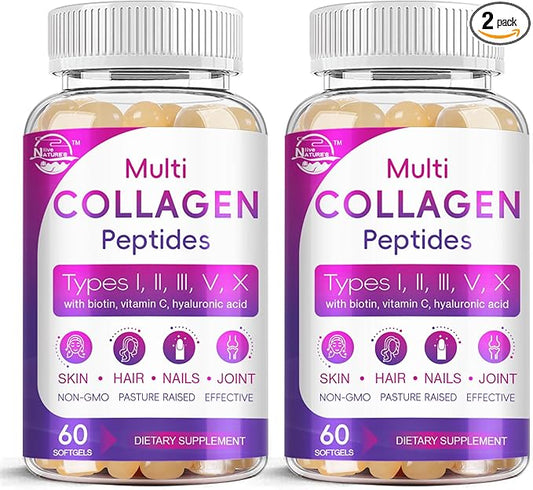 Multi Collagen Peptides Softgel - Type I, II, III, V, X - Hydrolyzed Collagen Peptides with Biotin, Vitamin C, Hyaluronic Acid, Supports Skin Hair Nail, Grass-Fed, Non-GMO, 60 Softgel, 2 Pack