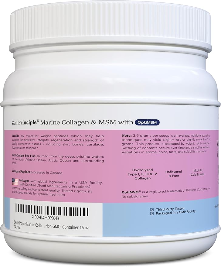 Zen Principle Marine Collagen Peptides Powder with OptiMSM® Supplement. Clinically Tested for Skin Support. Wild-Caught Fish, Non-GMO. Container 16 oz