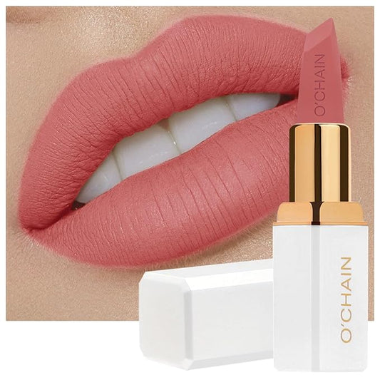 O'CHAIN Matte Lipstick, Long Lasting Full Coverage Non-Transfer Lipstick for Women Infused with Jojoba Oil and Vitamin E, Cruelty-Free & Vegan (08 PEACHY) 0.12 Oz