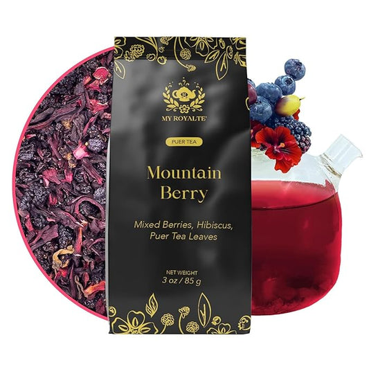 MyRoyalte Mountain Berry Puerh Tea Organic - Hibiscus Tea Loose Leaf Tea With Blueberries Grapes Mullberries - Pu'er tea Rosehip Tea - Organic Herbal Tea Chinese Tea Gift Idea for Tea Lovers - 3 oz