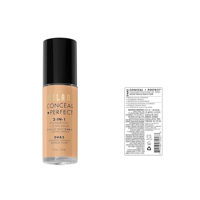 Milani Conceal + Perfect 2-in-1 Foundation + Concealer for a Flawless Complexion, Under Eye Corrector, Cover Redness and Imperfections, Waterproof and Sweatproof - Golden Vanilla