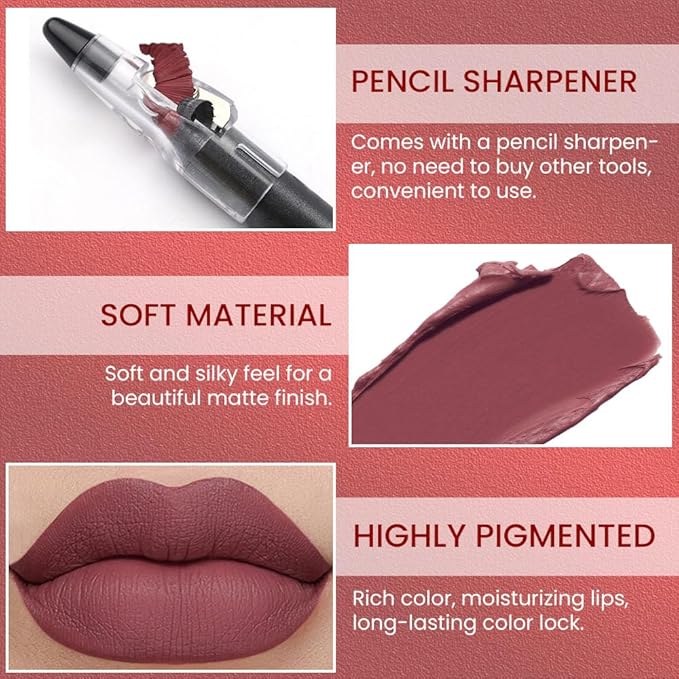 Rust Red Crayon Matte Lipstick Lip Liner Pencil, Moisture Smooth Lipstick Pencil, With pencil sharpener Sharpenable Lip Pencil, Ultimate Lip Crayon for Women Smudgeproof Waterproof 02#