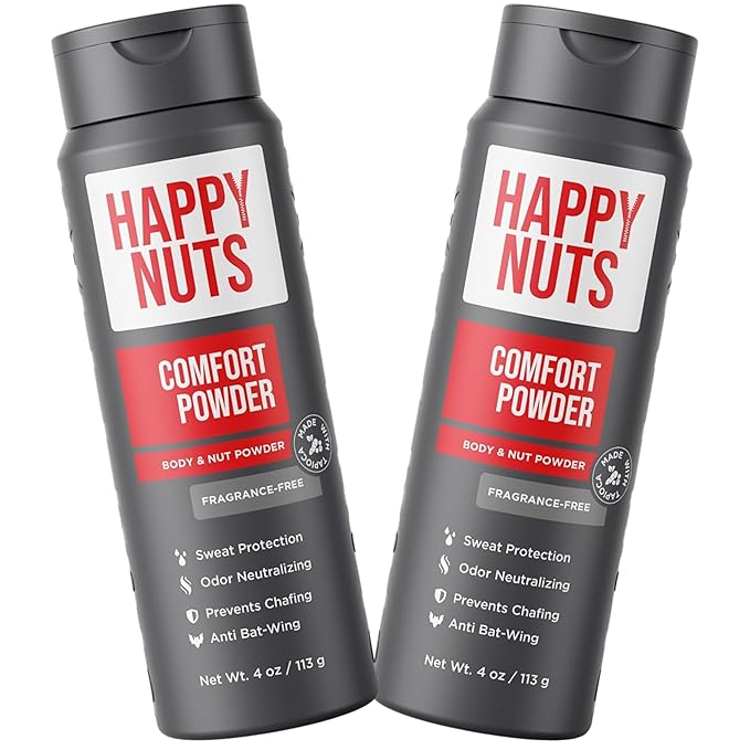 HAPPY NUTS Comfort Powder - Anti Chafing & Deodorant, Aluminum-Free, Sweat and Odor Control for Jock Itch, Groin and Men's Private Parts 4 Oz (Pack of 2), Fragrance-Free