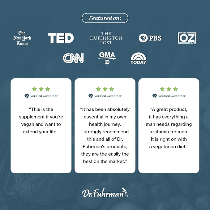 Dr. Fuhrman Multivitamin for Men + D3 Vitamin for Immune Support | Vegan Formula Men’s Multivitamin with B12 & Zinc | Whole Food multivitamin Packed with 17 Fruits & Veggies | Non GMO | 120 Capsule