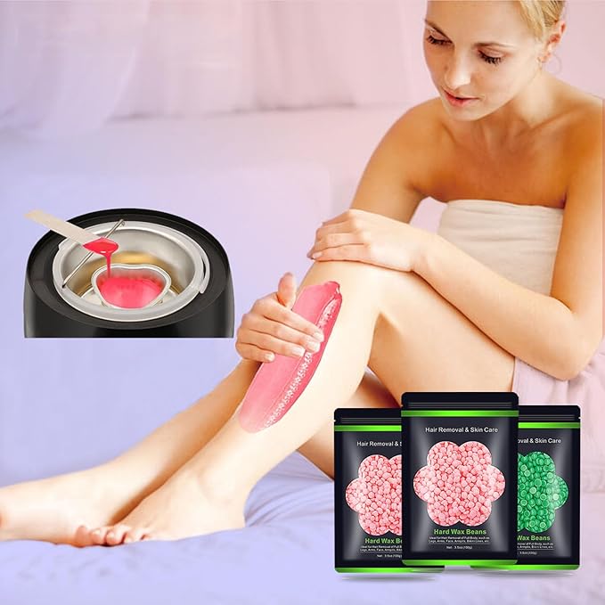 Wax Beads for Hair Removal 10.5oz (300g), Auperwel Hard Wax Beads Beans for Sensitive Skin Brazilian Waxing, Face, Bikini, Eyebrow, Legs, Painless for Women Men, 3 packs Kit with 10 Sticks