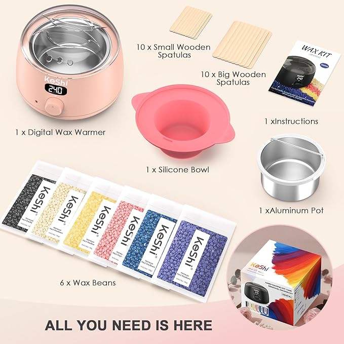 KeShi Waxing Kit for Women and Men, Digital Wax Warmer with 6 Bags Hard Wax Beads, at-Home Hair Removal Wax Kit for Full Body, Face, Eyebrow, Bikini, Legs, Brazilian & Sensitive Skin(Blush Dream)