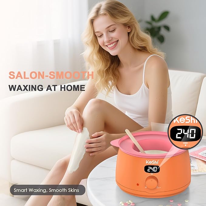 KeShi Waxing Kit for Women and Men, Digital Wax Warmer with 6 Bags Hard Wax Beads, at-Home Hair Removal Wax Kit for Full Body, Face, Eyebrow, Bikini, Legs, Brazilian & Sensitive Skin(Vital Orange)