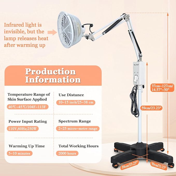 Infrared Lamp-Tdp Far Infrared Mineral Heat Lamp Light Therapy for Body and Facial Pain Back Muscle Aches Arthritis Joint Relief Adjustable Standing Heat Lamp Device(110v 250w)
