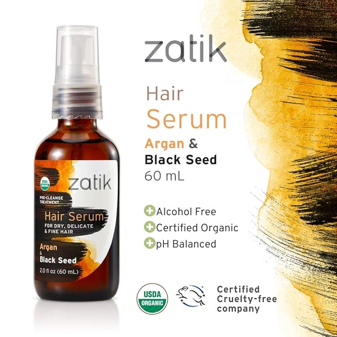 Zatik Naturals - Hair Serum with Argan & Black Seed Organic Oil Blend, For Curl enhancing, and fine hair, Vegan, Non-GMO, Free of Gluten, Soy, Alcohol - pH Balanced, Biodegradable, 2.0 fl oz, 60ml