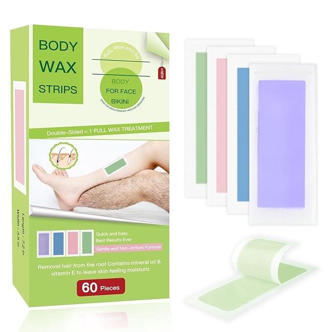 Wax Strips 60 Strips body wax strips Wax Strips for Hair Removal Facial Hair Removal for Women Waxing Kit for Face, Body, Arms, Legs, Chest, Back, Bikini & Brazilian 6 bagsCalming Oil Wipes (60)