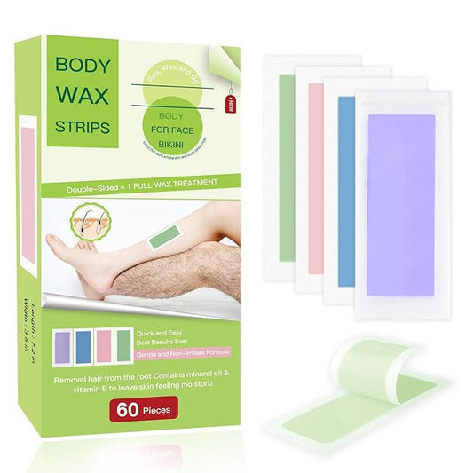 Wax Strips 60 Strips body wax strips Wax Strips for Hair Removal Facial Hair Removal for Women Waxing Kit for Face, Body, Arms, Legs, Chest, Back, Bikini & Brazilian 6 bagsCalming Oil Wipes (60)