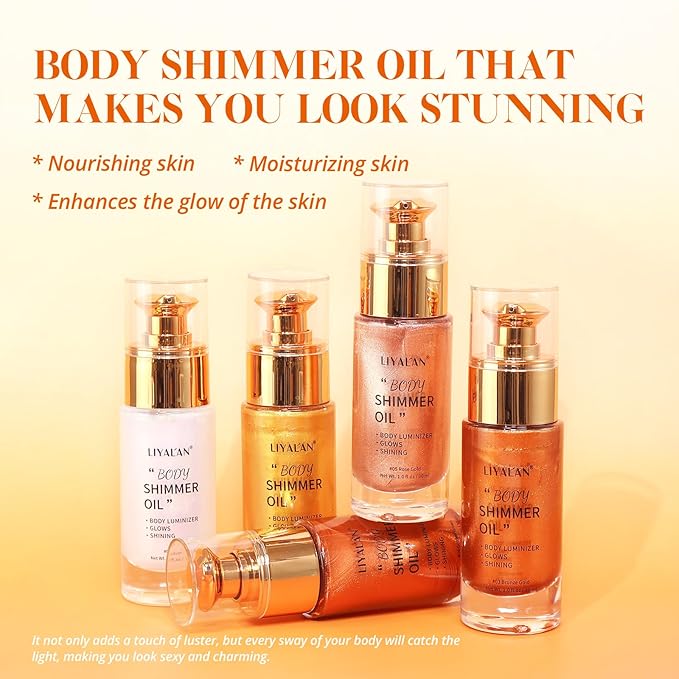 Liyalan Shimmer Body Oil Golden Brown Color 1.0 fl.oz Face Glow Pearl Highlighter Illuminator Long-Lasting Shine Glitter Liquid Tanning with Makeup Brush