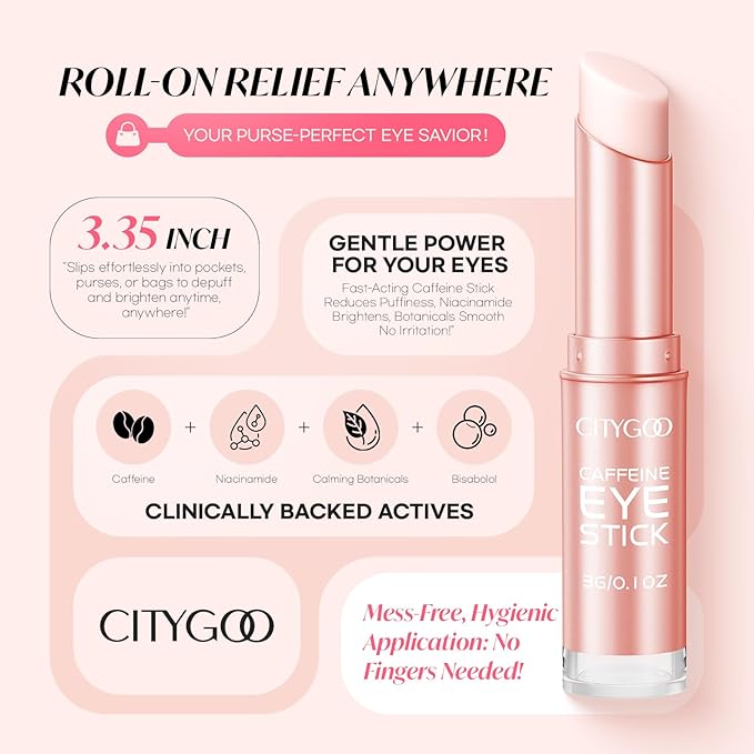 CITYGOO Caffeine Eye Cream Stick: Anti-Aging Firming & Moisturizing Balm for Dark Circles Puffiness & Eye Bags - Travel-friendly for Women (Pink)