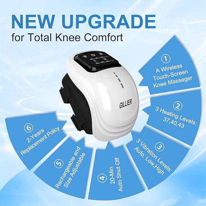 Knee Massager Smart with Heat, Red Light and Massage Therapy, 3 Vibration Modes and 3 Heating Levels, 2025 Updated Edition, LED Vitality Joints Knee Massager, Gifts for Grandma & Grandpa, White