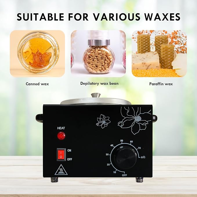 Professional Wax Warmer with Adjustable Temperature for Hair Removal - Electric Melted Wax Beads Heater for Women (Black Single Pot)