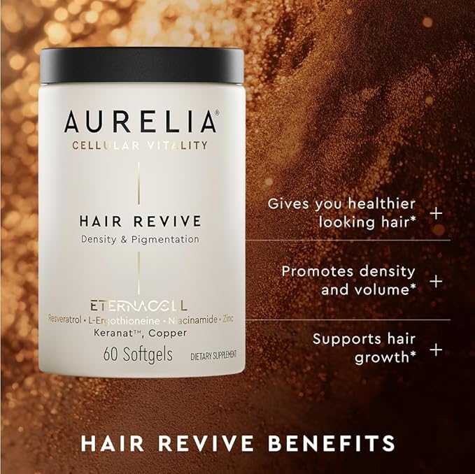 AURELIA Hair Revive | Advanced Cellular Anti-Aging Supplement | Support Hair Growth & Fuller, Healthier Hair | with Zinc, Resveratrol, Niacinamide, Ergothioneine, Keranat & Cooper