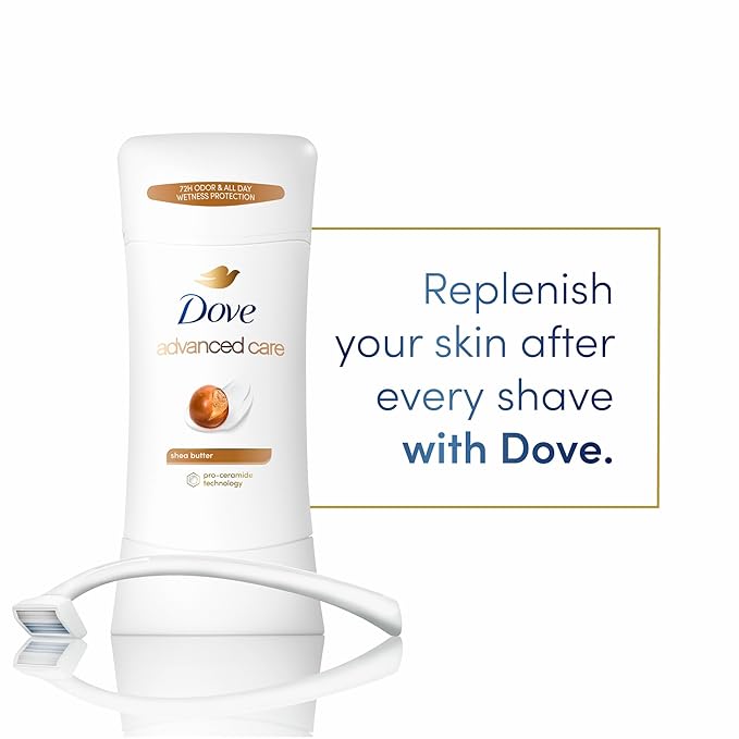 Dove Advanced Care Antiperspirant Deodorant Stick Shea Butter 4 ct with Pro ceramide technology for helping skin barrier repair after shaving 72 hour odor control sweat protection stick 2.6 oz