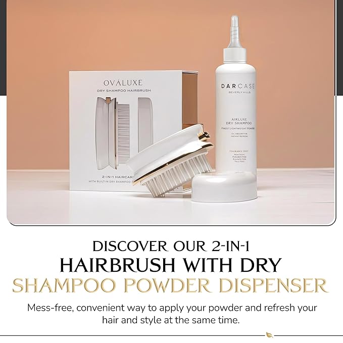 DARCASE Premium Dry Shampoo Brush - Non Aerosol Dry Shampoo for Women - Refillable Travel Size Powdered Shampoo Brush - Travel Essentials for Women - Pre-Filled 30ml Unscented Talc Free Hair Powder