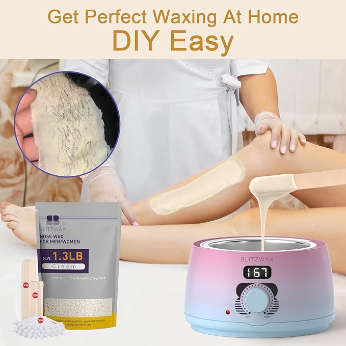 BLITZWAX 1.3lb Hard Wax Bead Kit for Men and Women Hair Removal, Cream Scent Wax Beans for Nose, Sensitive Skin, Brazilian, Body, Face, Waxing Pearls Bulk with 50pcs Sticks for Beginners and Home Use
